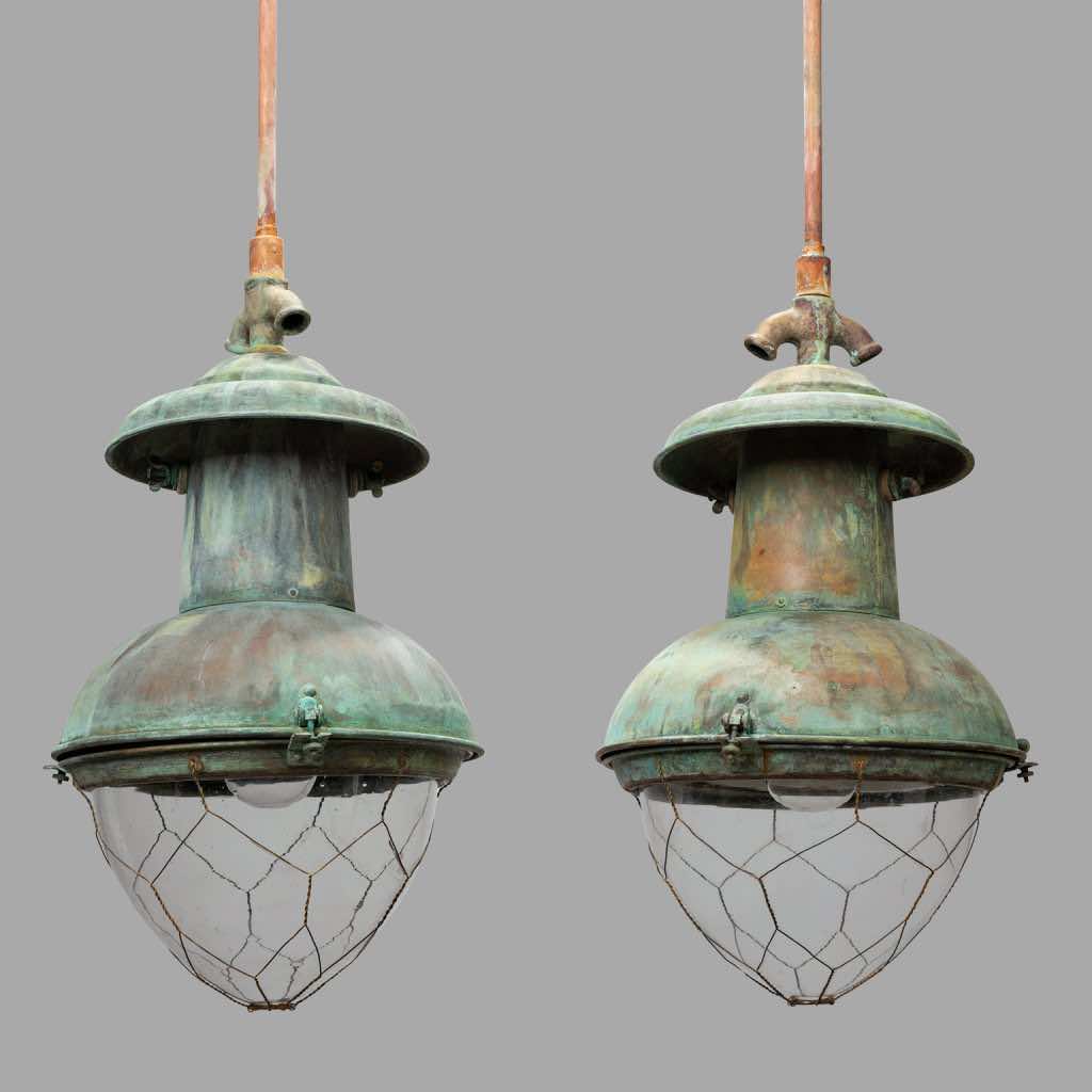 Pair of Copper Gas Pendant Lamp, c. 1880
